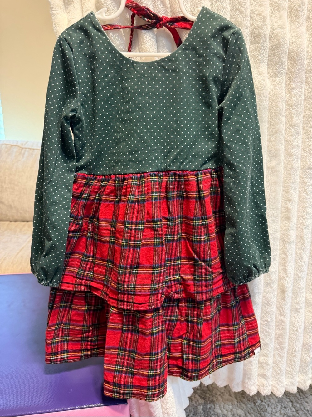 Girls' Green Polka Dot Top with Red Plaid Tiered Skirt Dress